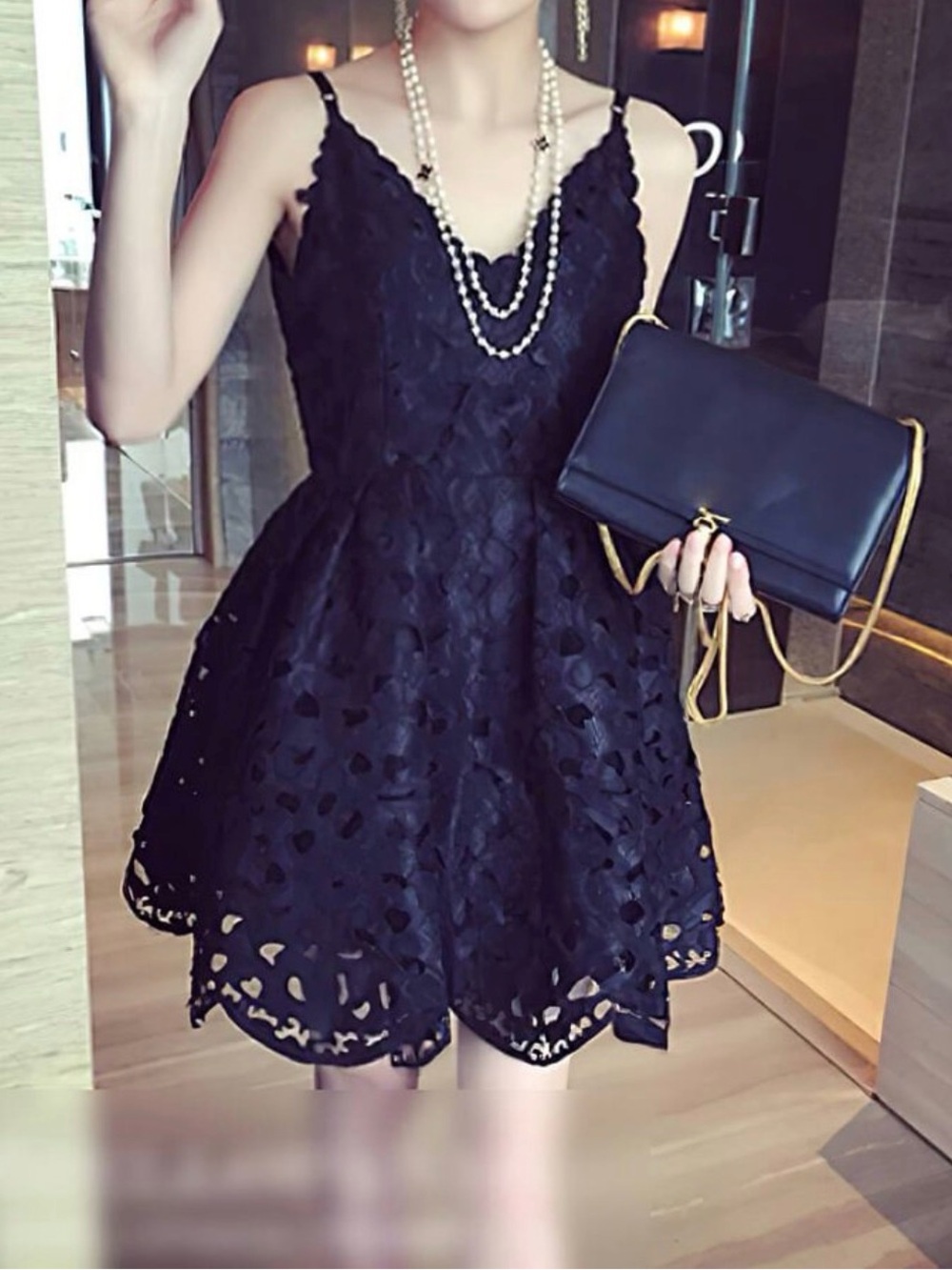 Luxxel Black Lace Mini Dress with Scalloped V-Neck